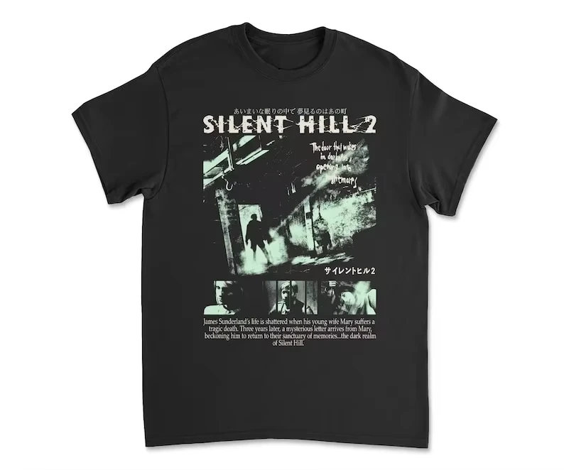 Gaming Console Old School - เสื้อยืดลายวิดีโอเกม Silent Hill 2 สไตล์เรโทรสีดำ เสื้อยืดลำลองสำหรับผู้ชายและผู้หญิง