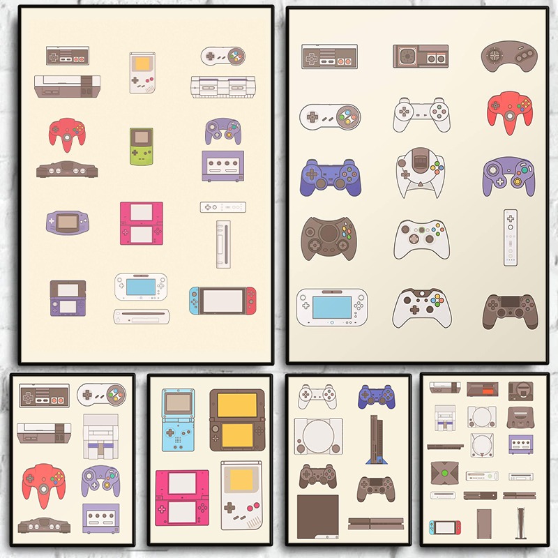 Gaming Console Free - โปสเตอร์วิดีโอเกมแบบพกพาและคอนโซล ภาพพิมพ์บนผ้าใบลายเกมแพด ตกแต่งผนังห้องเล่นเกม ห้องแมนเคฟ ของตกแต่งบ้าน